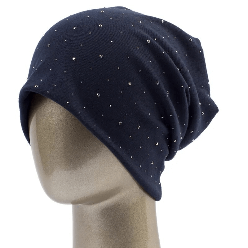 Stylish solid color women's beanie with rhinestones, made from polyester. Perfect cozy and casual look for everyday wear, SF1689.